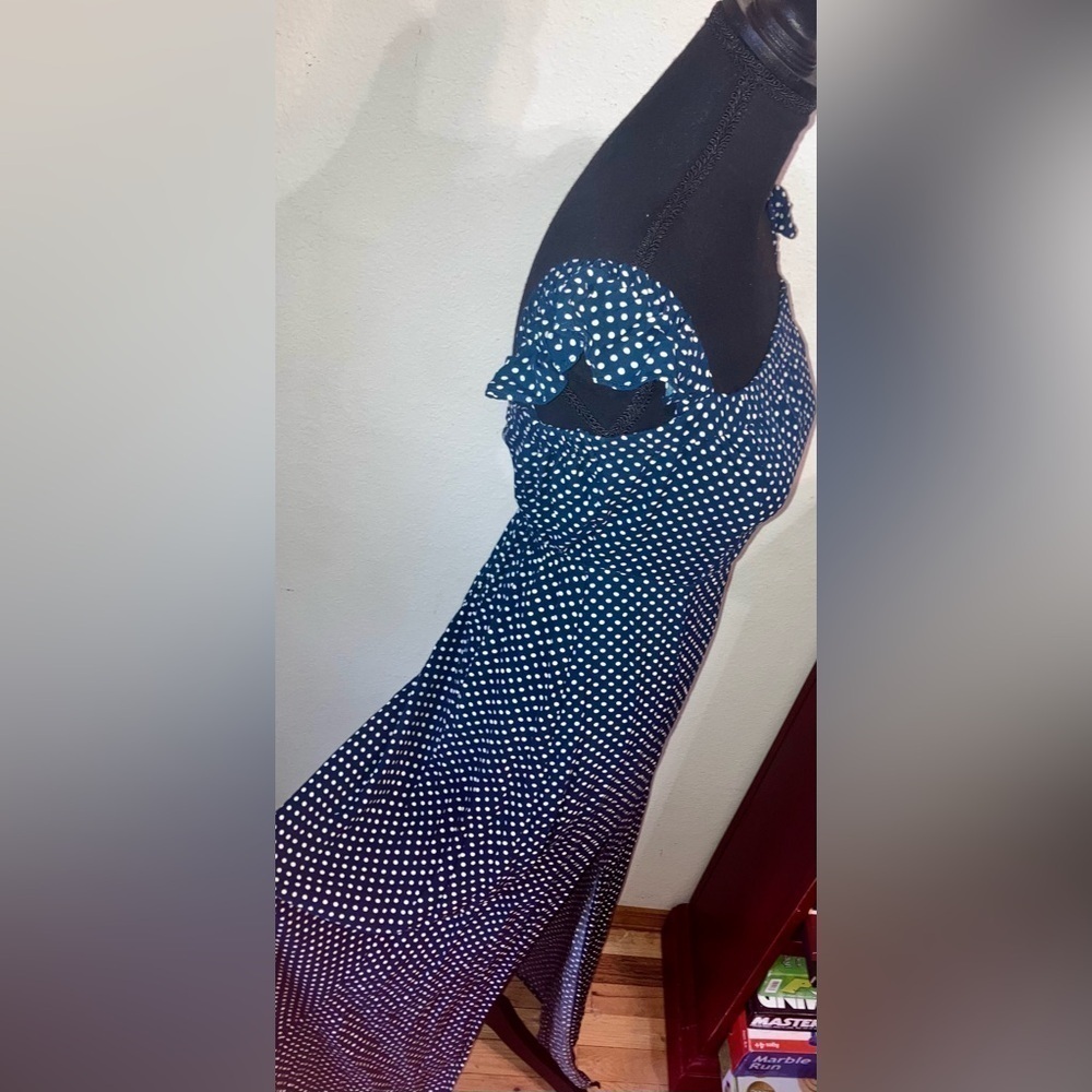Lulus Dream Regency Nautical Blue Polka Dot Off-the-Shoulder Maxi Dress size Med - Picture 10 of 14